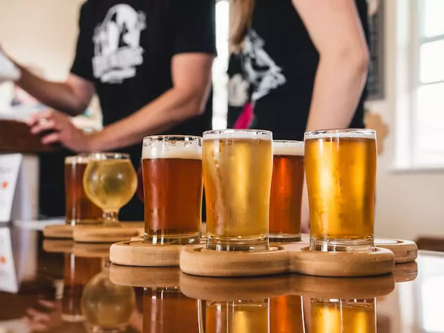 Plateau de dégustation en bois avec un assortiment d'échantillons de bière, de cidre et d'hydromel.